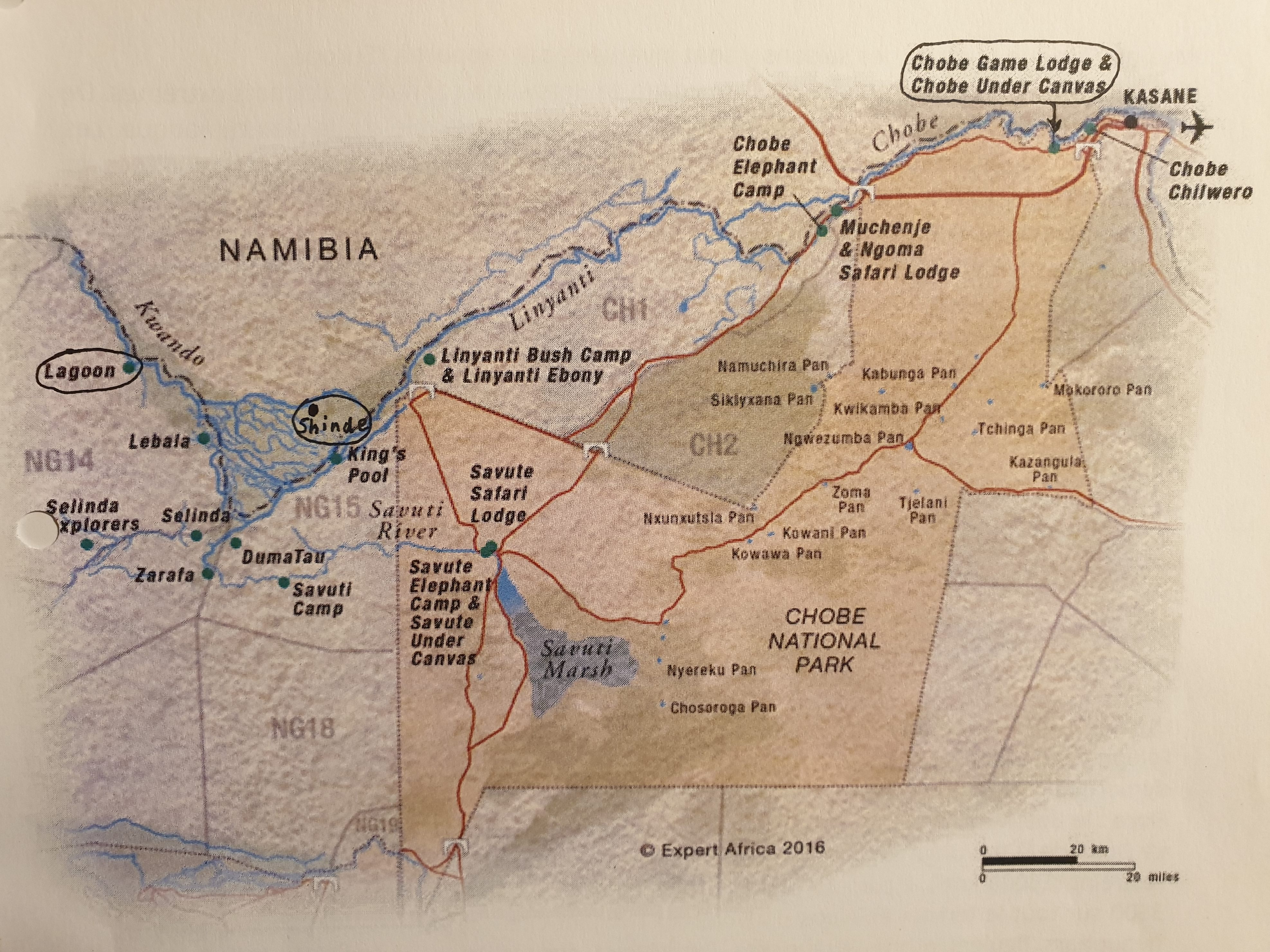 Carte du Nord du Botswana et du Parc National de Chobe (Chobe National Park) situant les 3 zones visitées pendant notre séjour au Botswana.